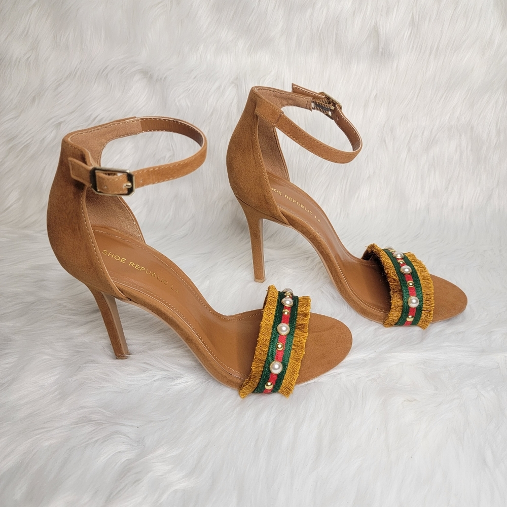 Suede ankle strap heels and rhinestones.